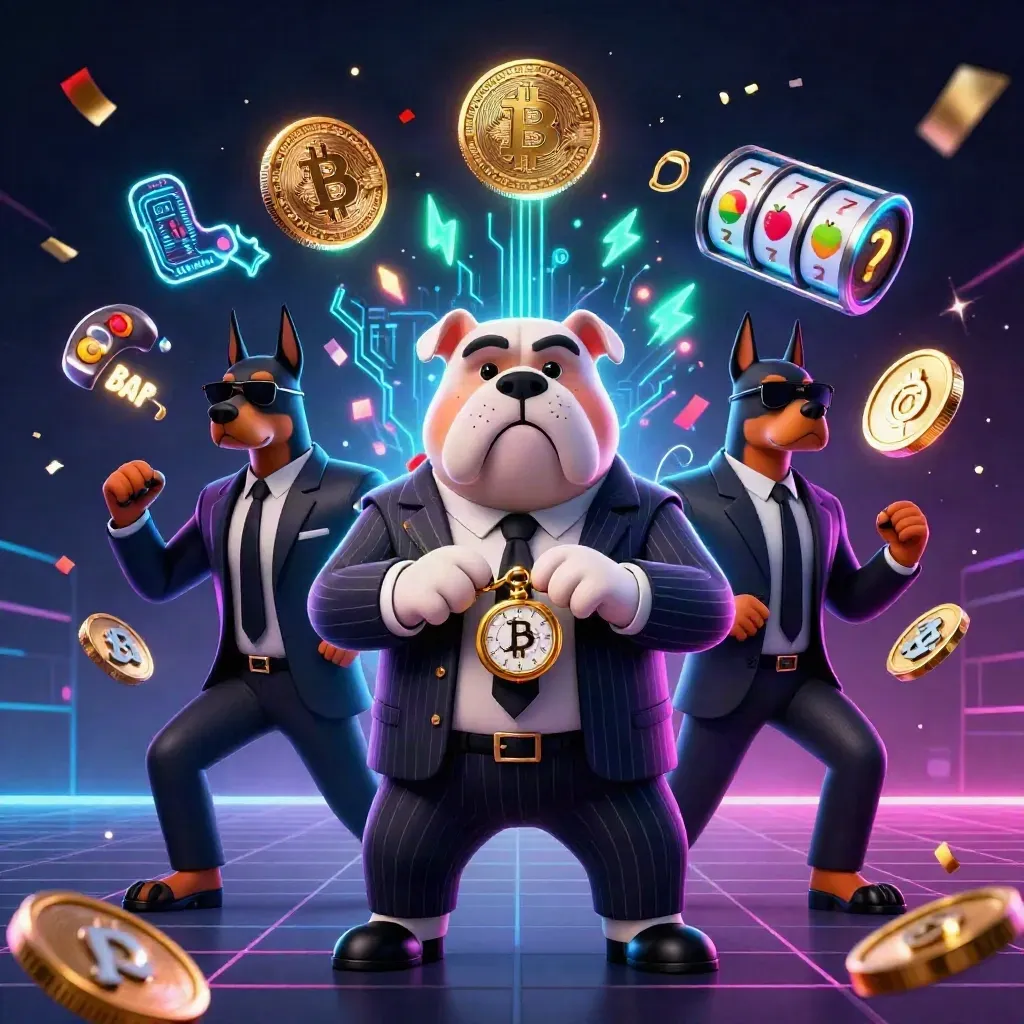 Bulldog mafia boss with Doberman guards amid neon coins, lightning, reels, and confetti