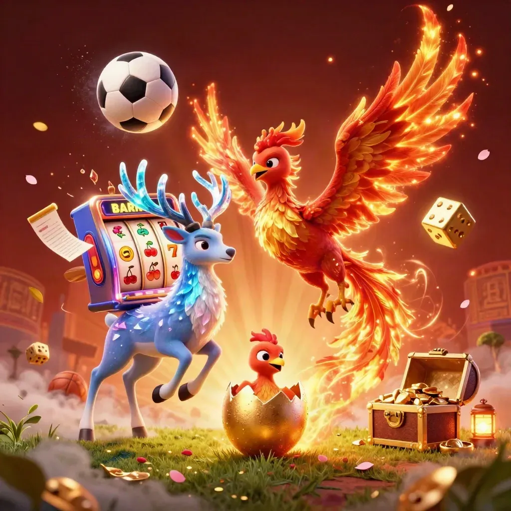 Phoenix, stag, slot machine and sports balls exploding in neon casino fantasy art.