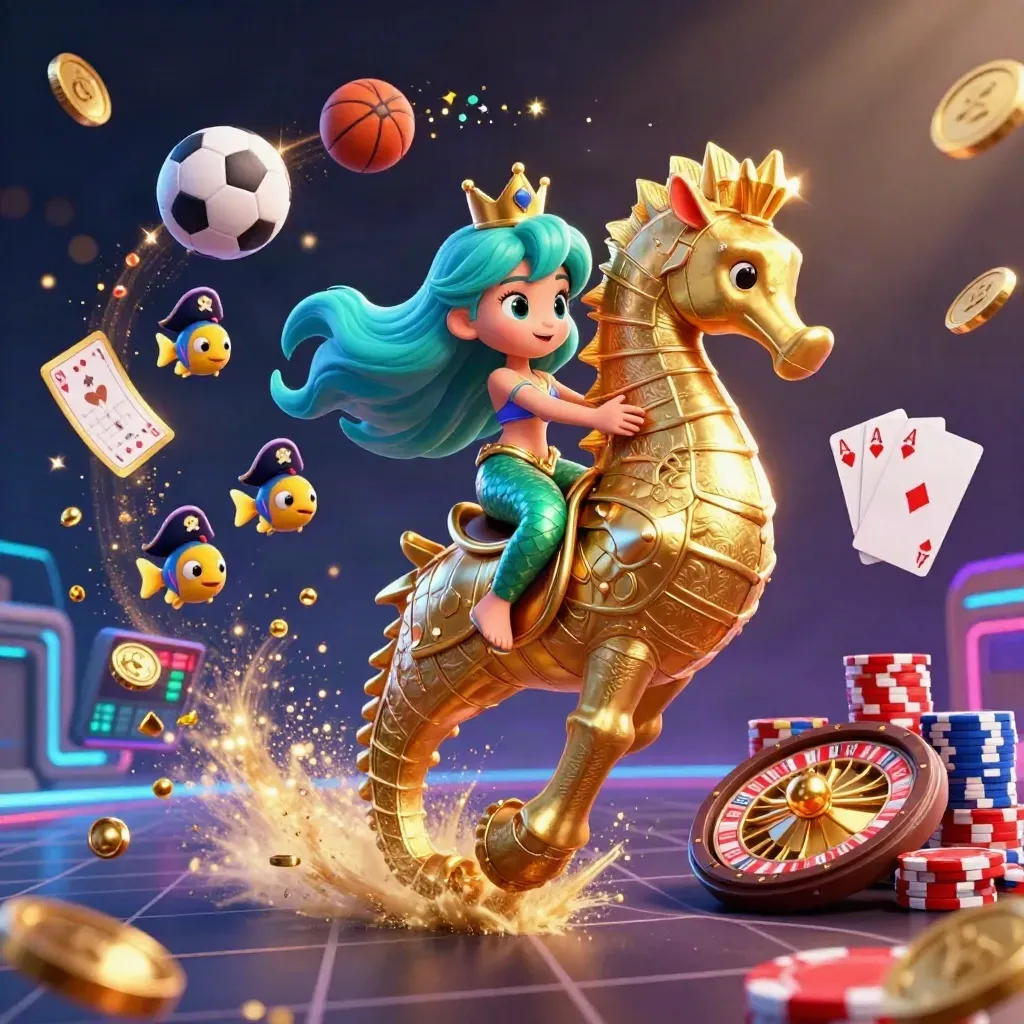 Mermaid princess on armored seahorse with fish, coins, cards, chips, and sports props in neon light