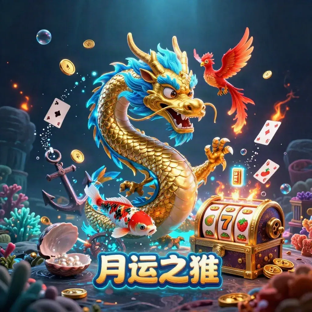 Golden dragon with phoenix and koi in neon treasure cove, coins, reels, coral, and glowing loot.