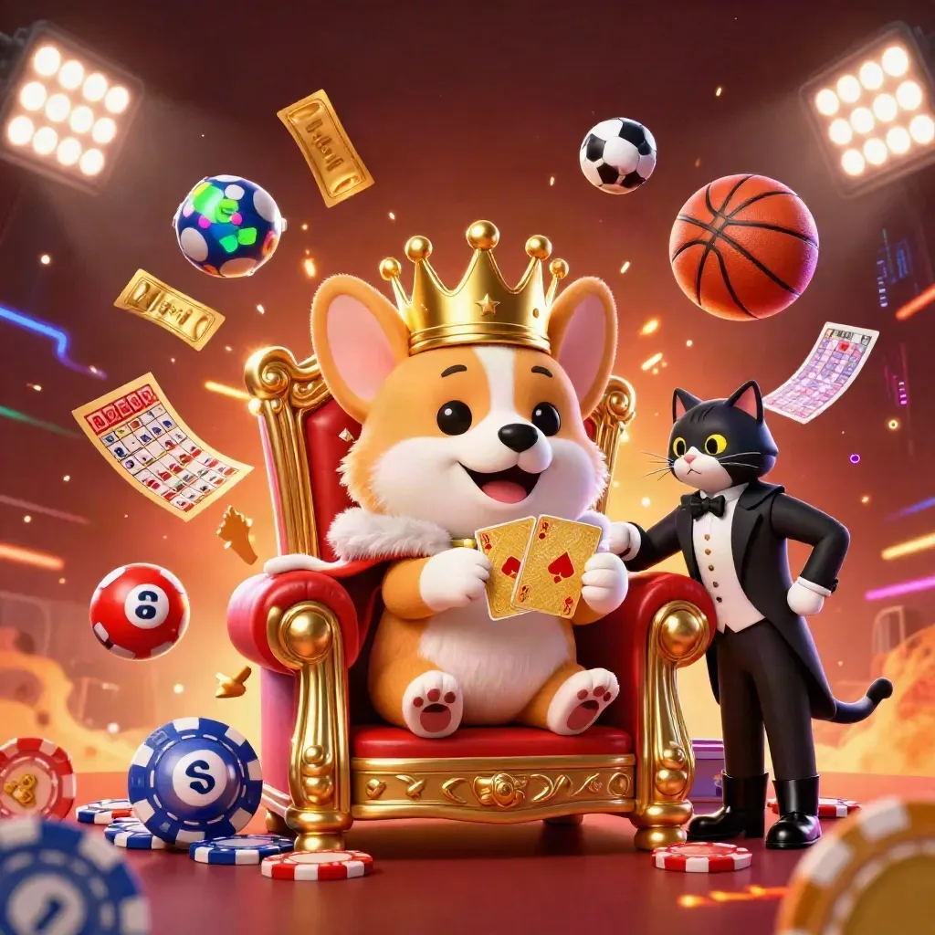 Royal corgi and cat butler amid casino sports burst, balls and chips flying in neon light.