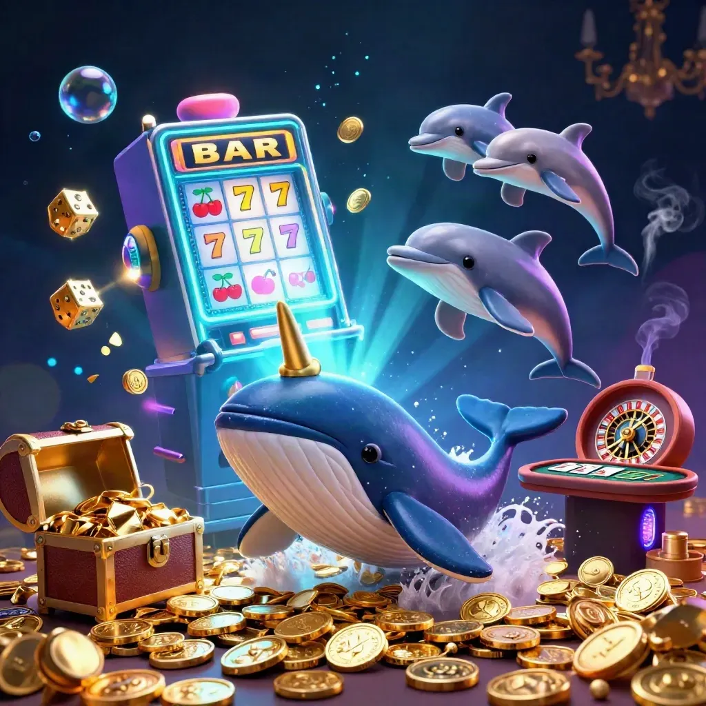 Whale, narwhal and dolphins amid exploding slot symbols in a neon casino underwater scene.
