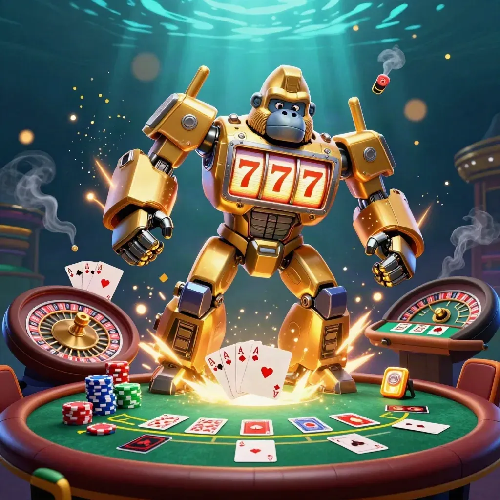 Golden gorilla mech with monkey pilot in a neon casino splash scene amid cards, chips, and spinning wheels.
