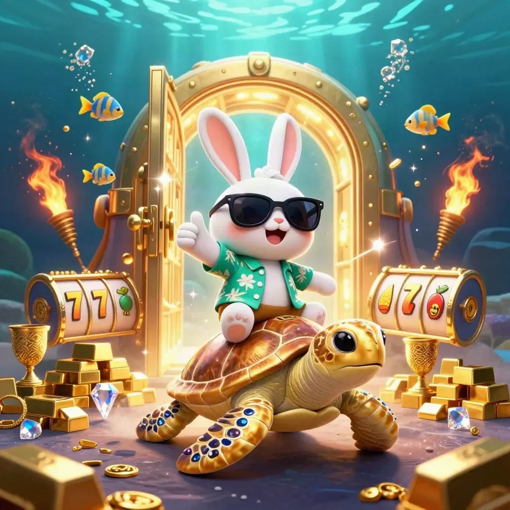 Lucky rabbit rides a gem-shell sea turtle through a treasure burst underwater.