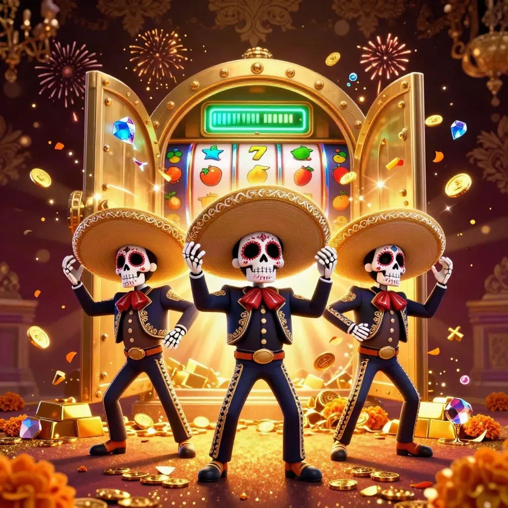 Three skeleton mariachi heroes burst from a golden vault amid coins, gems, reels, and fireworks.