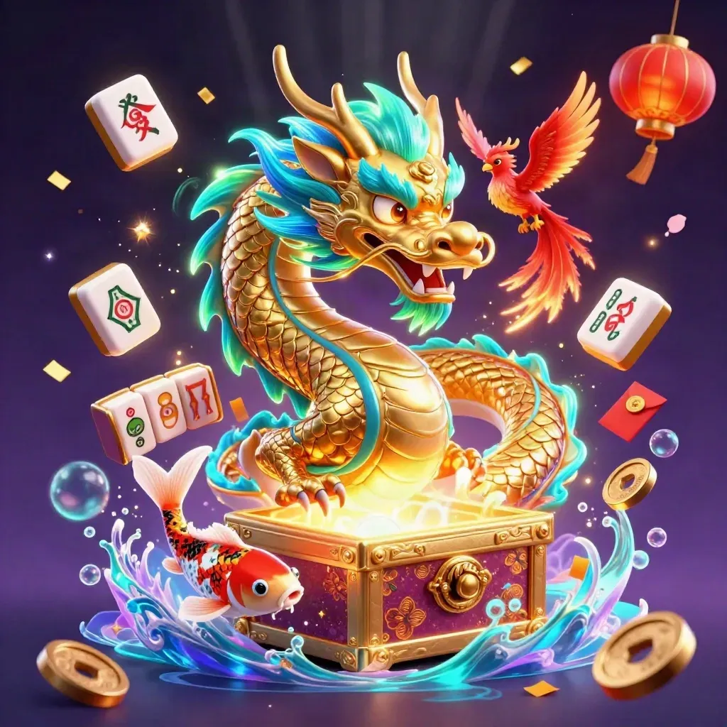 Golden dragon, phoenix, koi, and casino symbols burst in neon casino light.