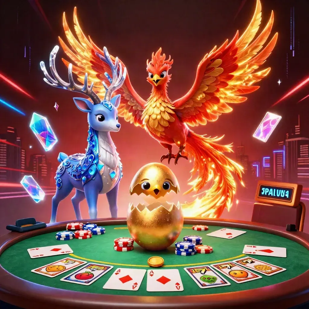 Phoenix, baby phoenix, and crystal-antler stag amid casino cards, chips, reels, and neon energy.