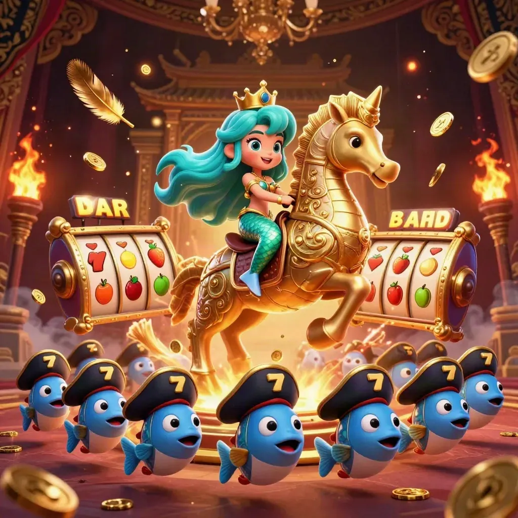 Mermaid princess on armored seahorse amid pirate fish, gold coins, reels, and a temple gate