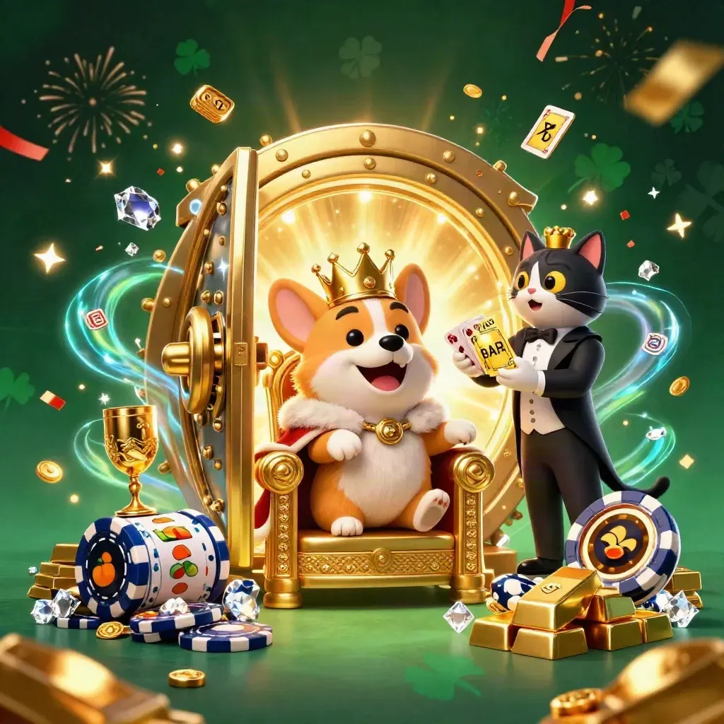 Royal corgi king and cat butler amid vault riches, slot symbols, and neon casino magic.