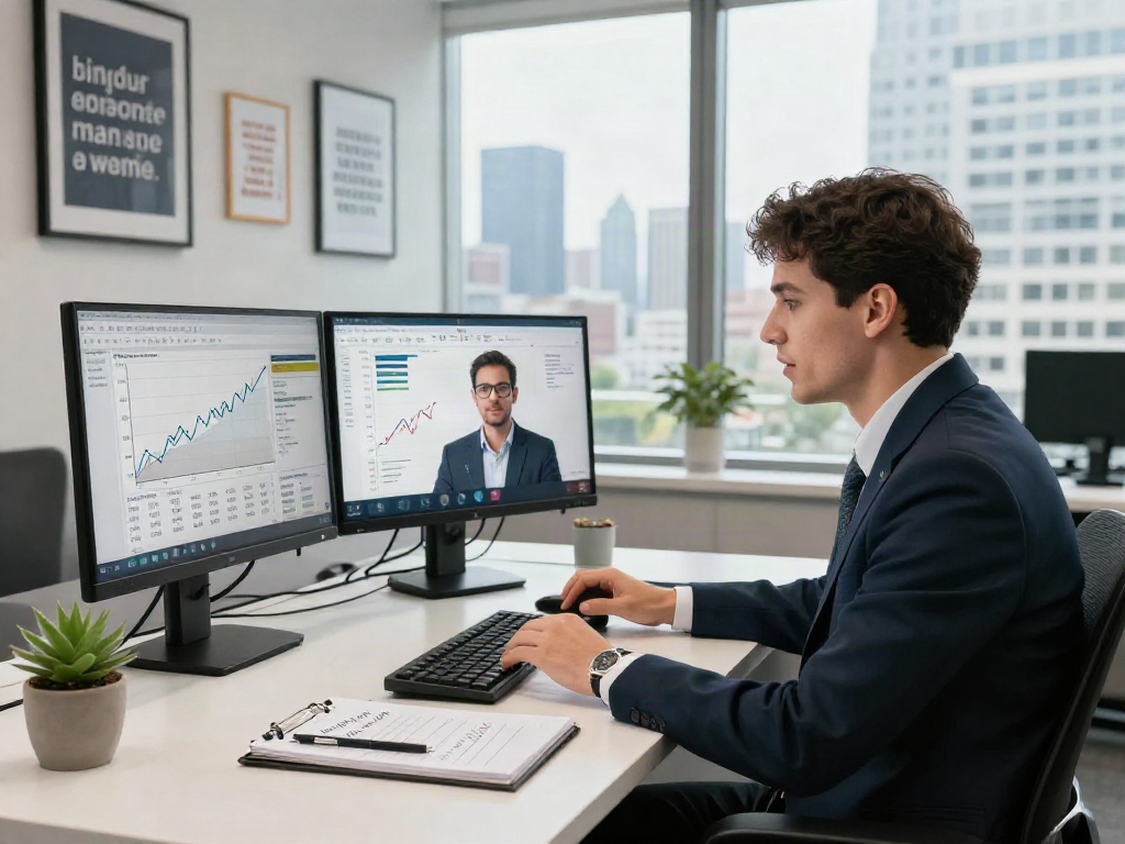 Expert financial advisor discussing strategies to deposit 10k in a modern office.