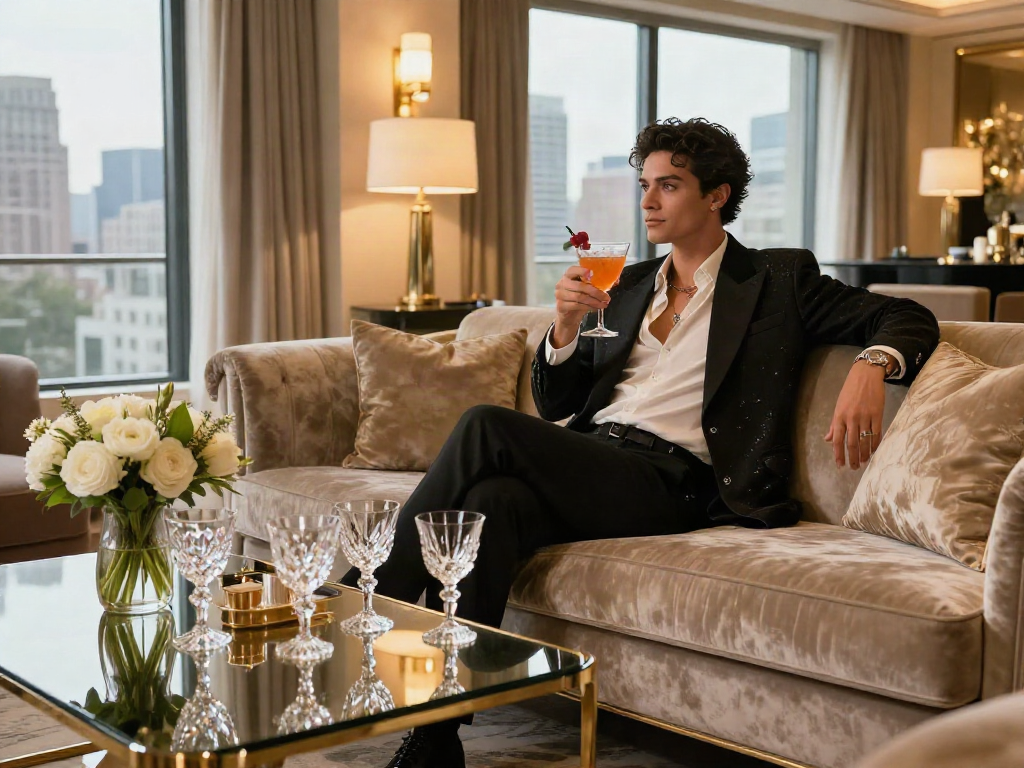 Gaya hidup mewah dengan minuman luxury111 di apartemen elegan, suasana nyaman.